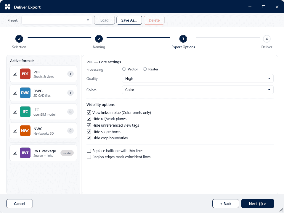 Deliver — Batch export to PDF, DWG, IFC & NWC.