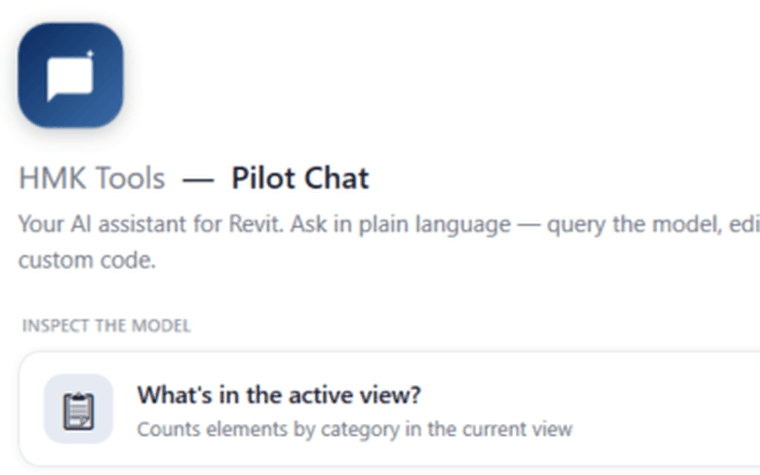 The Pilot Chat panel docked inside Revit, offering prompts to inspect and edit the model